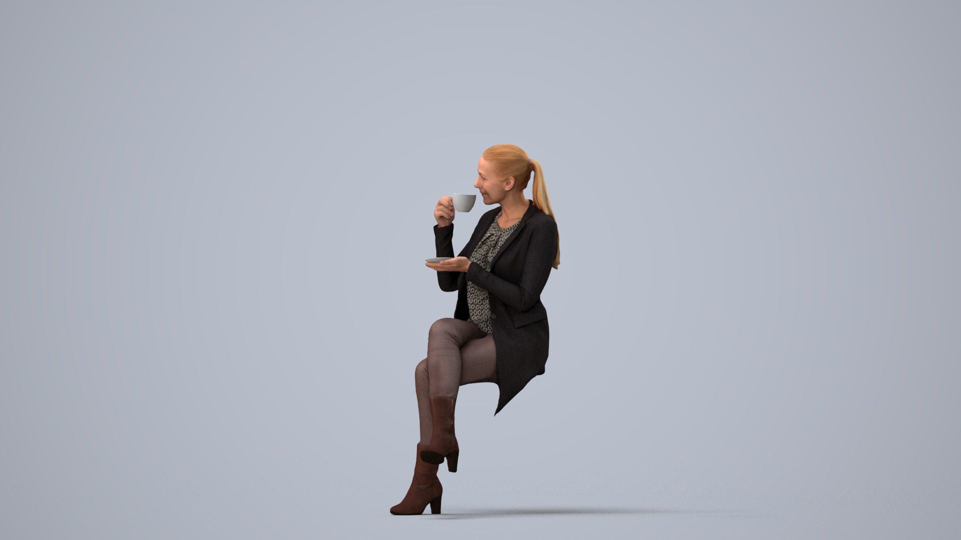 realistic 3D woman business sitting, scanned archviz people for Blender and 3ds Max, three-quarter view render
