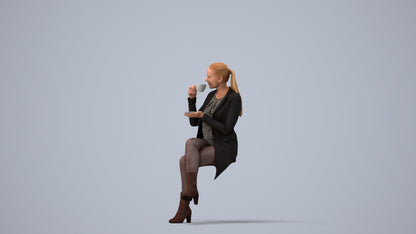 realistic 3D woman business sitting, scanned archviz people for Blender and 3ds Max, three-quarter view render