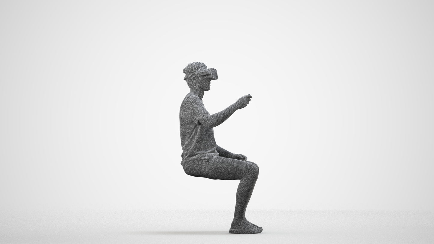 3D human model man casual sitting, photogrammetry scanned person for archviz, wireframe side view