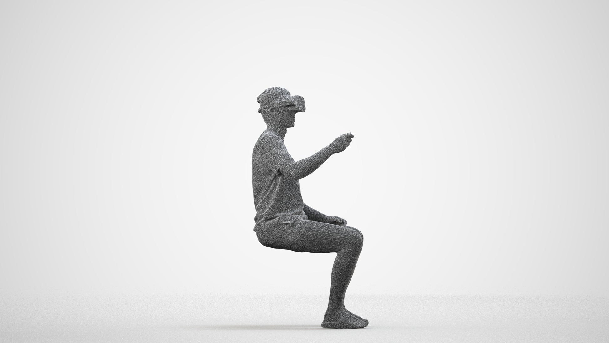 3D human model man casual sitting, photogrammetry scanned person for archviz, wireframe side view