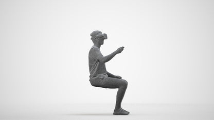3D human model man casual sitting, photogrammetry scanned person for archviz, wireframe side view