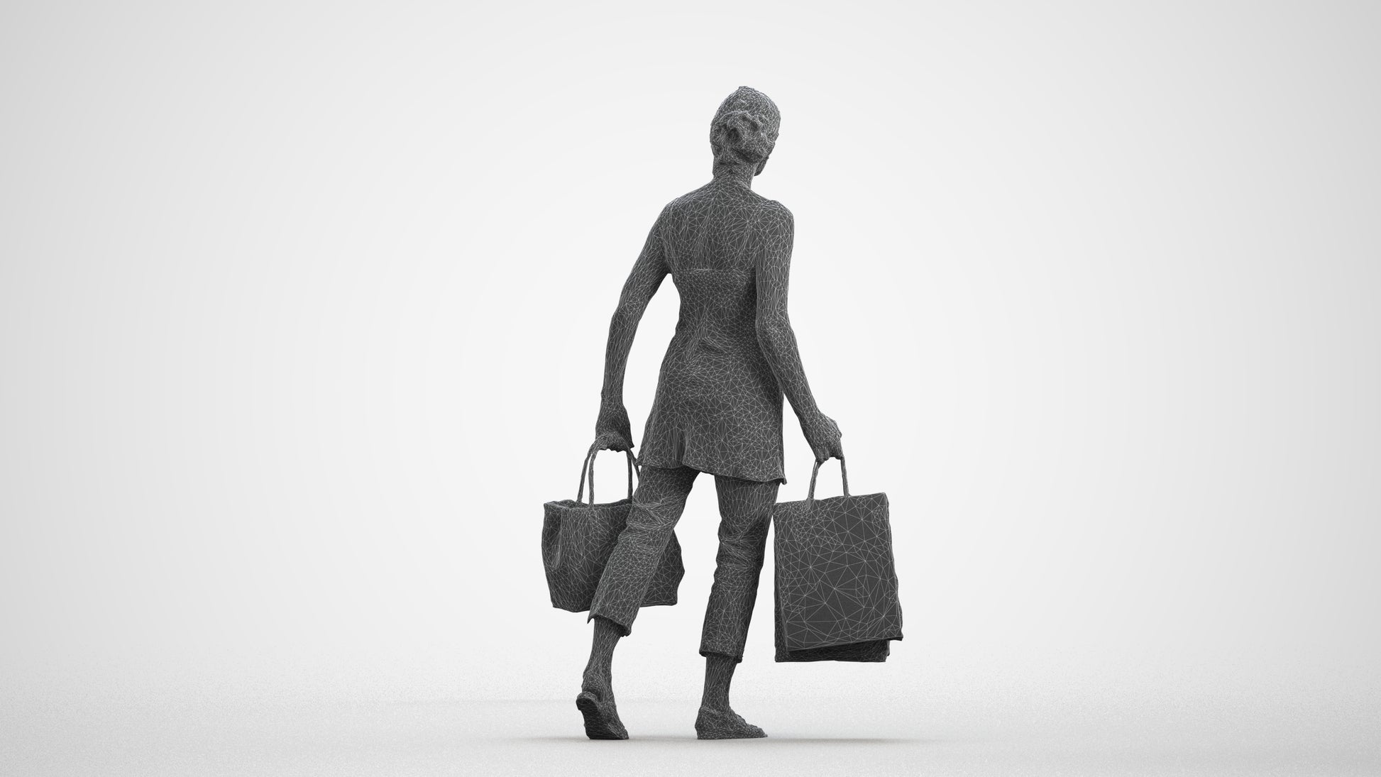 3D human model senior woman casual shopping, photogrammetry scanned person for archviz, wireframe front view