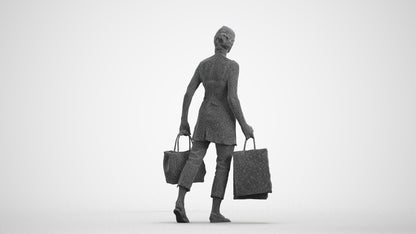 3D human model senior woman casual shopping, photogrammetry scanned person for archviz, wireframe front view