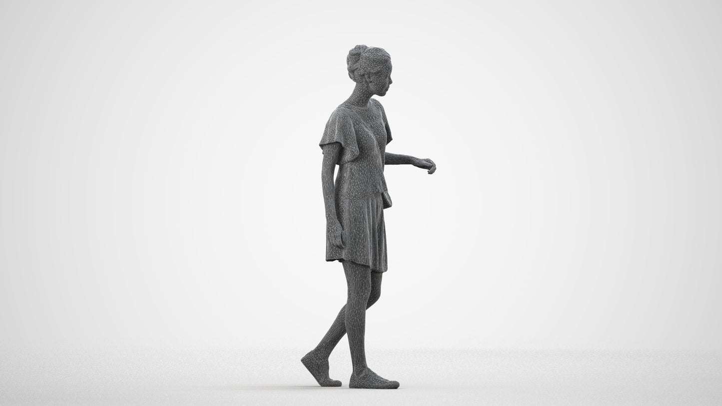 photogrammetry 3D woman casual walking, realistic human model archviz FBX, wireframe side view