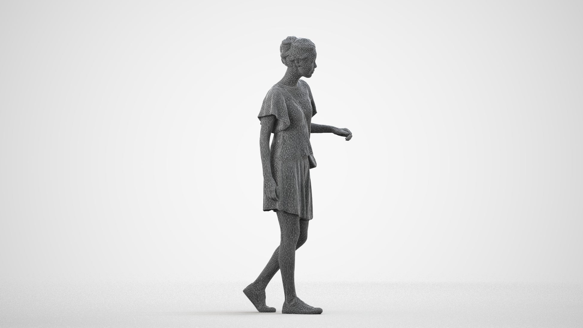 photogrammetry 3D woman casual walking, realistic human model archviz FBX, wireframe side view