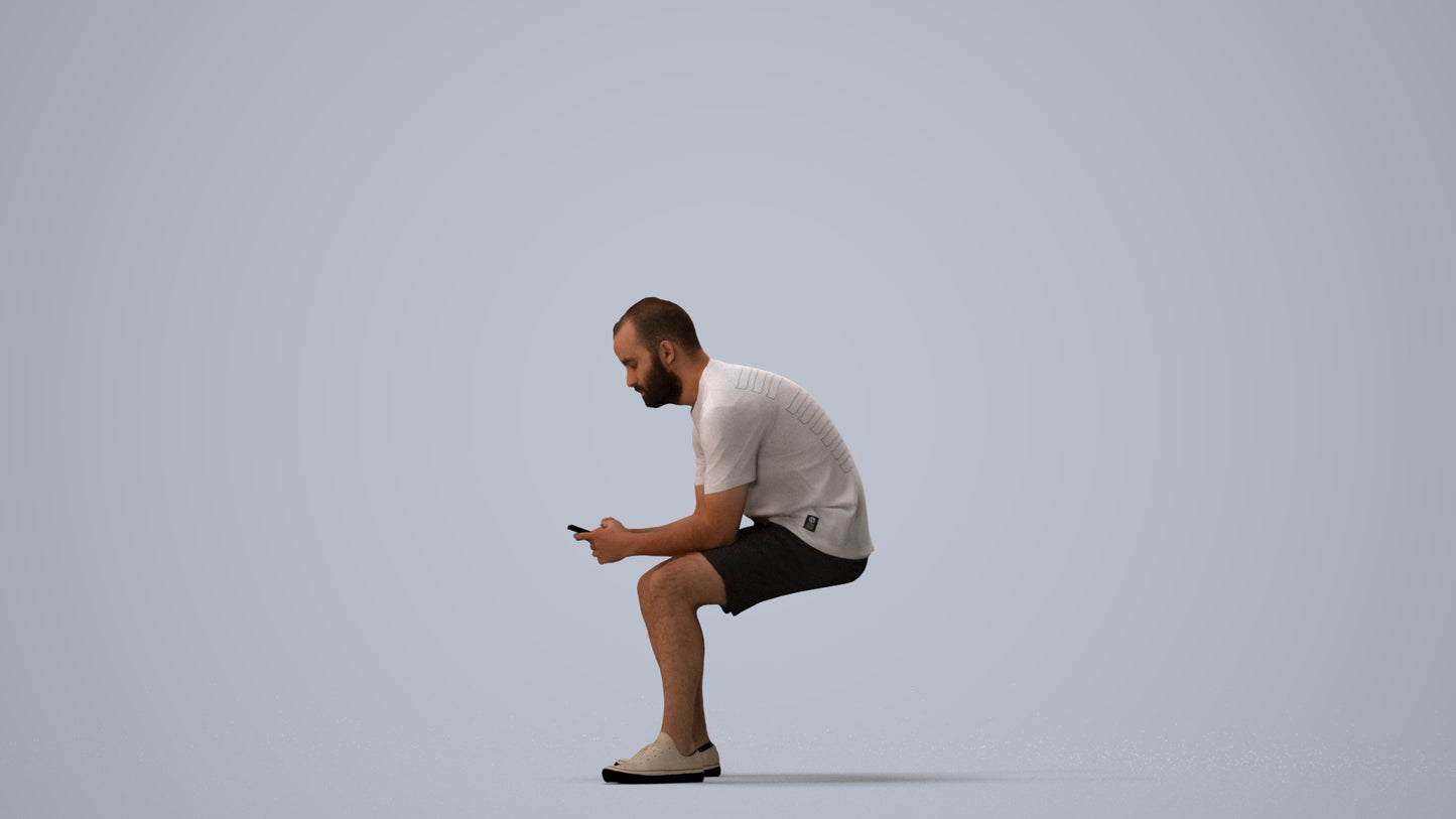 realistic 3D human man casual sitting, archviz people FBX OBJ for Blender, three-quarter view render