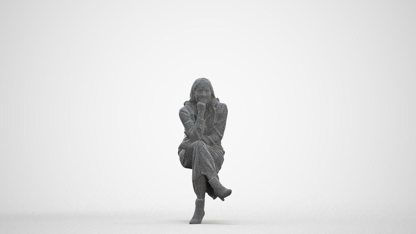 3D scanned woman sitting casual, photorealistic archviz people for Enscape and SketchUp, three-quarter front view render