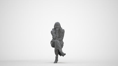 3D scanned woman sitting casual, photorealistic archviz people for Enscape and SketchUp, three-quarter front view render