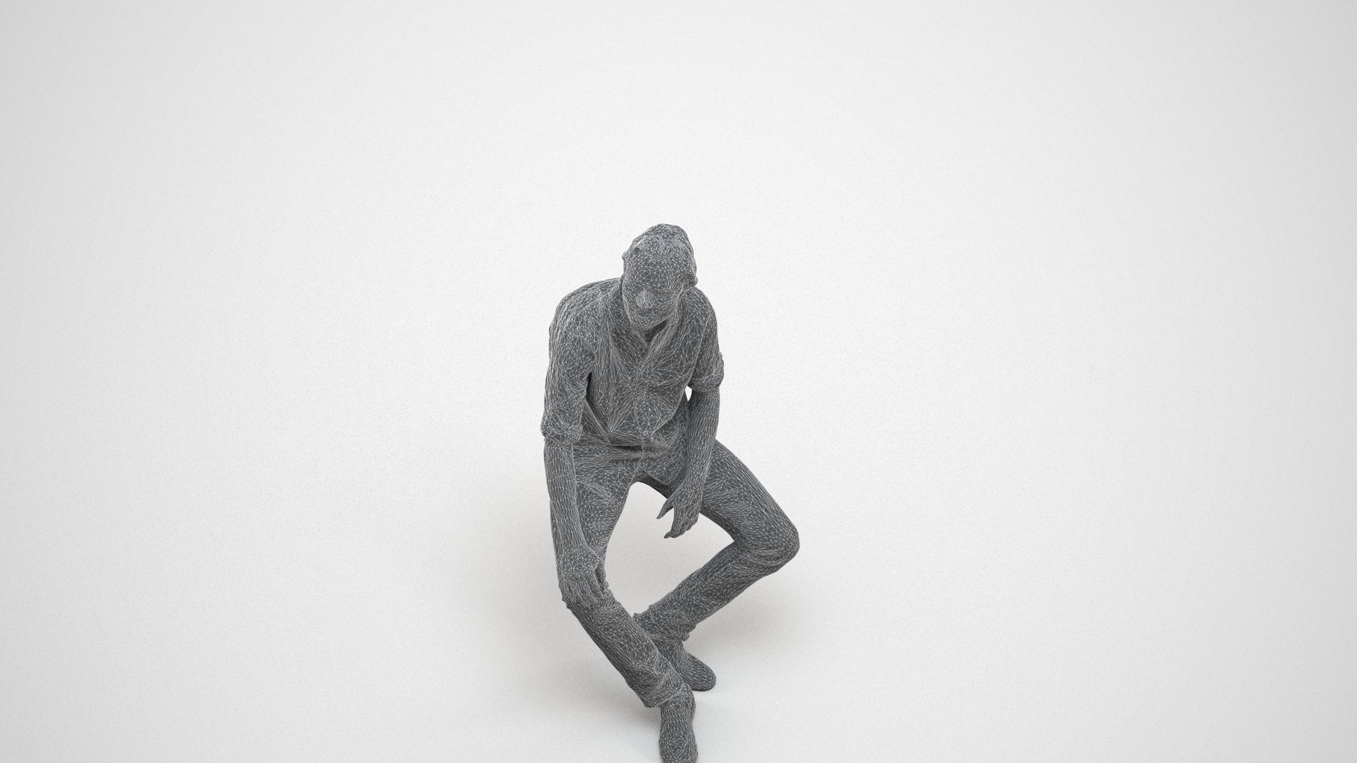 3D scanned man sitting casual, photorealistic archviz people for Enscape and SketchUp, wireframe three-quarter view