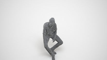 3D scanned man sitting casual, photorealistic archviz people for Enscape and SketchUp, wireframe three-quarter view