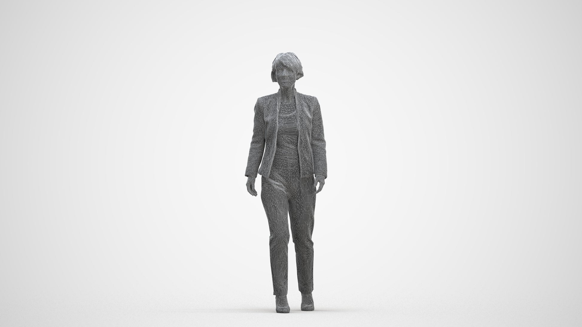 3D people model senior woman business walking, scanned human for 3ds Max rendering, three-quarter front view render