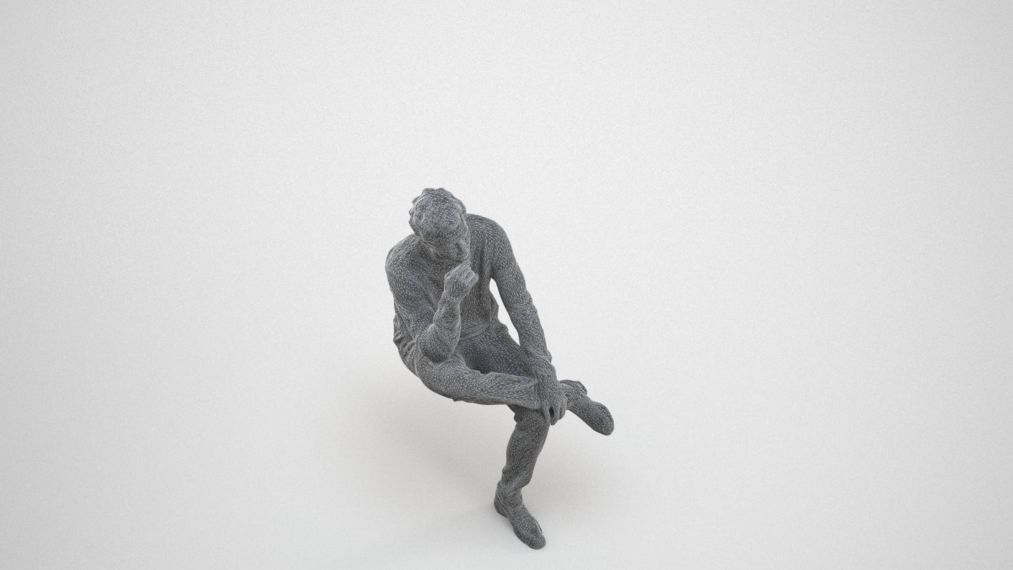 3D people model man casual sitting, scanned human for 3ds Max rendering, wireframe three-quarter view