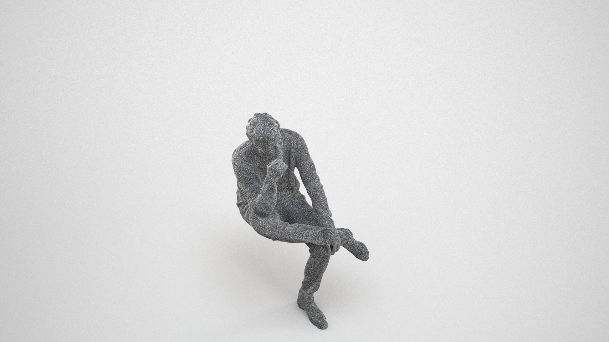 3D people model man casual sitting, scanned human for 3ds Max rendering, wireframe three-quarter view