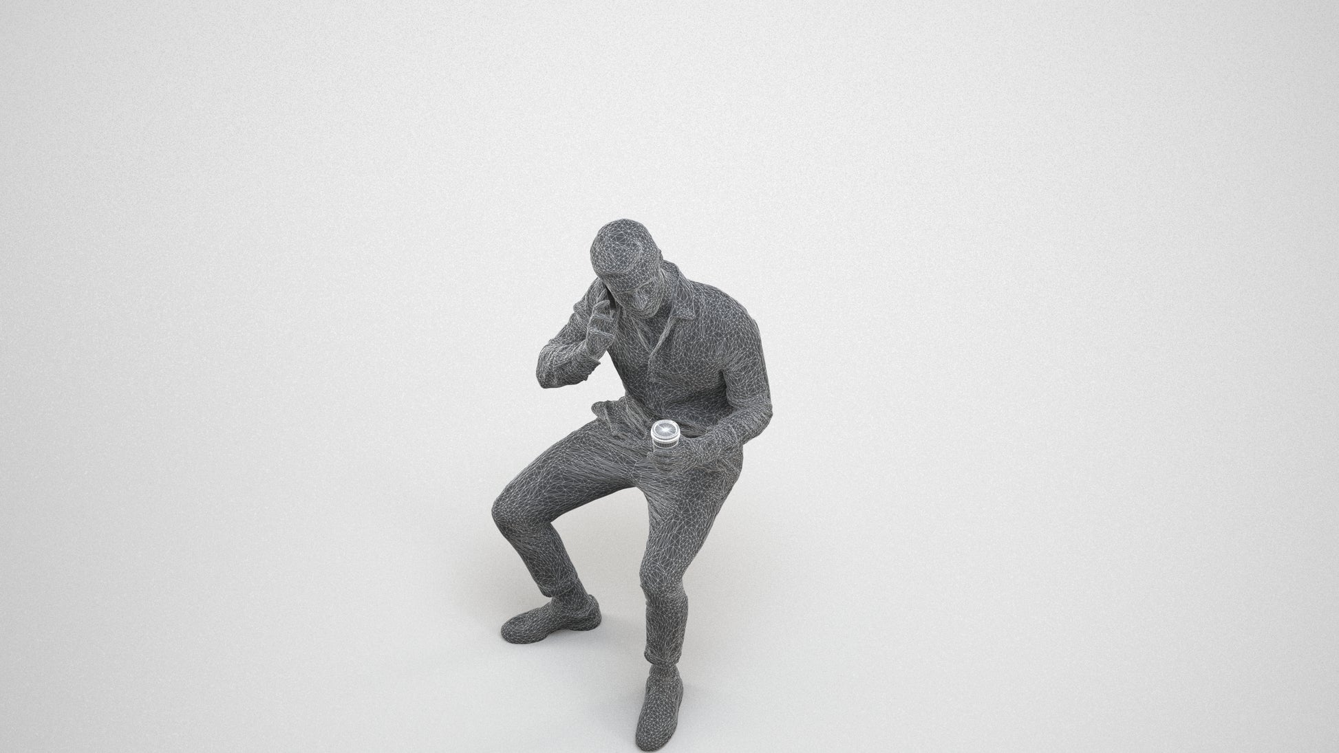 realistic 3D people man casual sitting, render-ready for V-Ray and Corona, FBX OBJ, wireframe three-quarter view