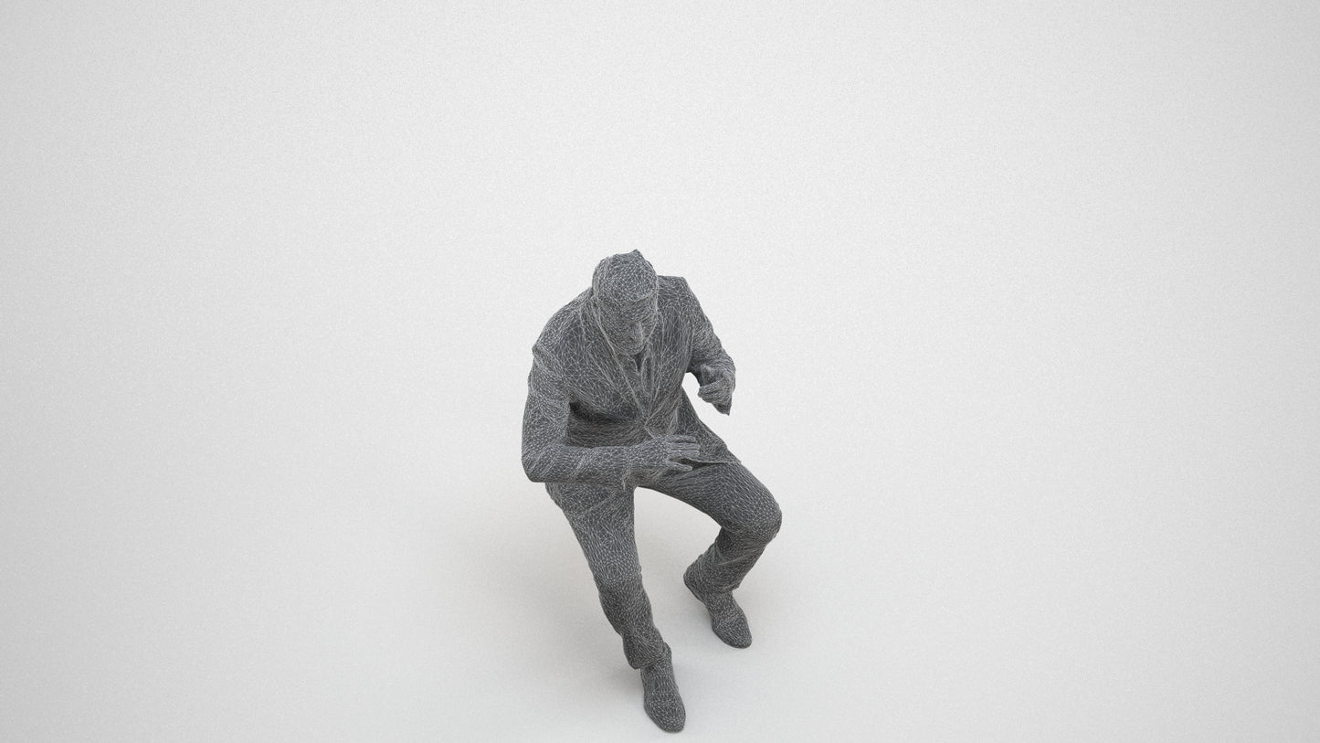 3D human model man business, photogrammetry scanned person for archviz, wireframe three-quarter view