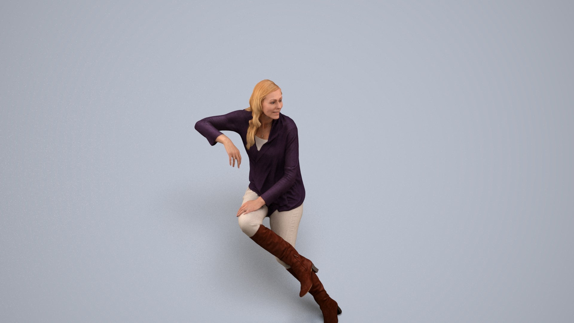 3D human model woman casual sitting, photogrammetry scanned person for archviz, back view render