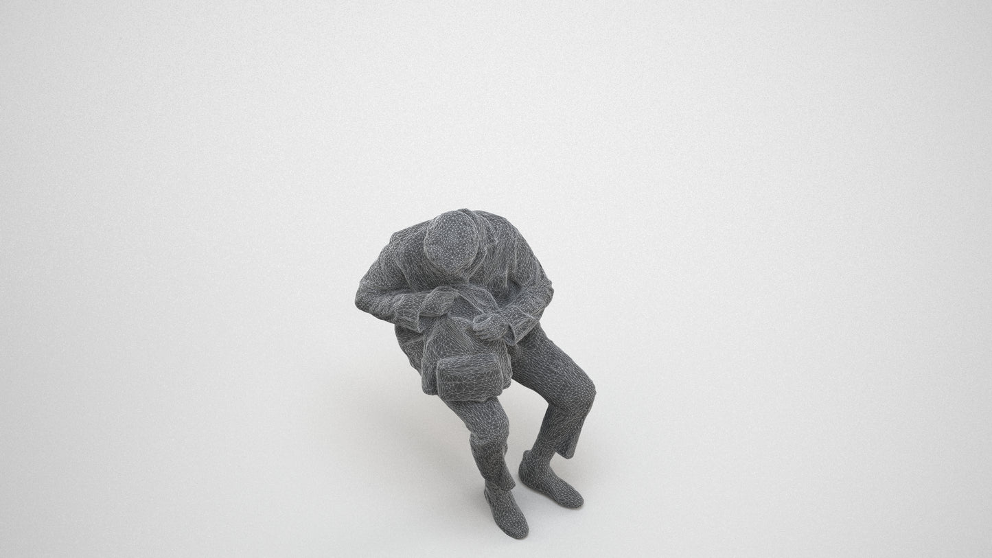 scanned 3D man casual sitting, photogrammetry people for Enscape and V-Ray, wireframe three-quarter view
