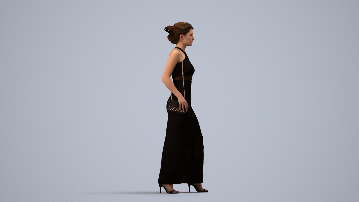 3D human model woman formal formalaffairs, photogrammetry scanned person for archviz, side view render