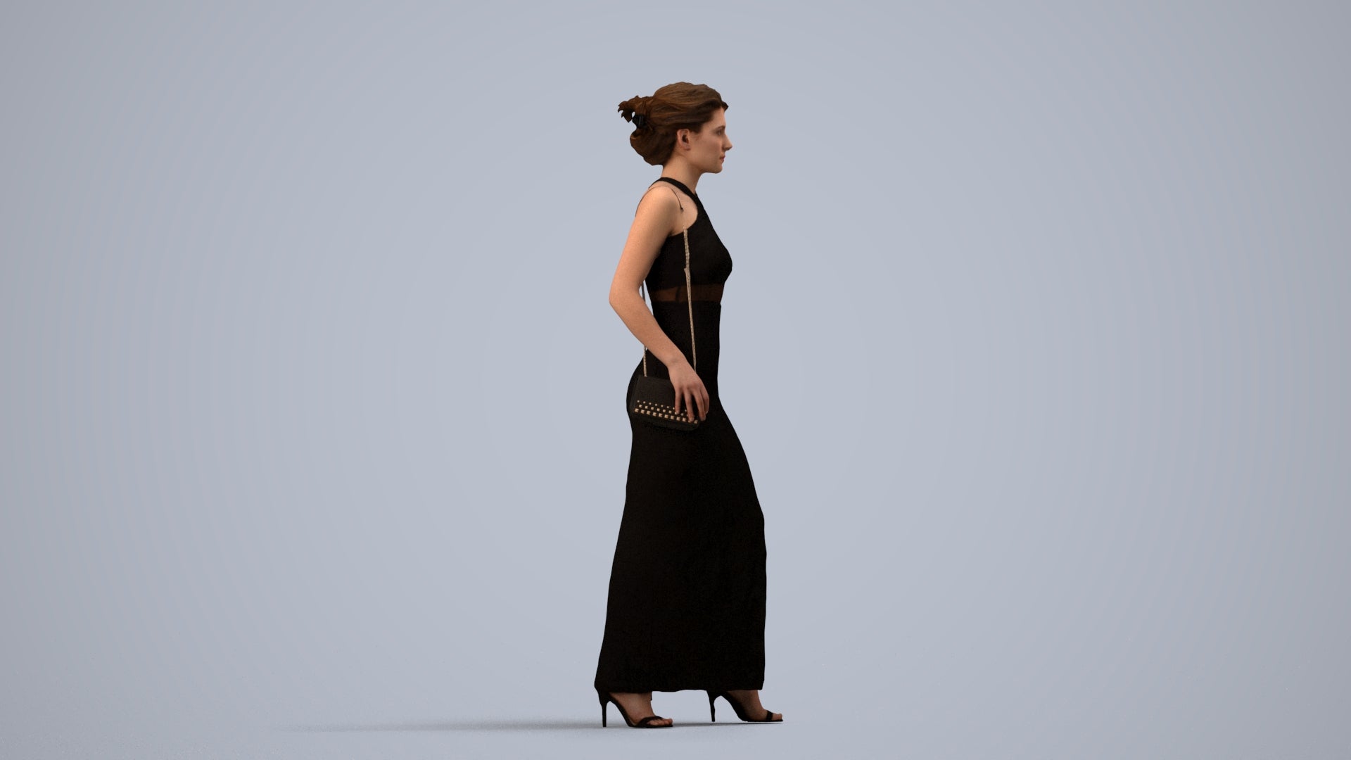 3D human model woman formal formalaffairs, photogrammetry scanned person for archviz, side view render
