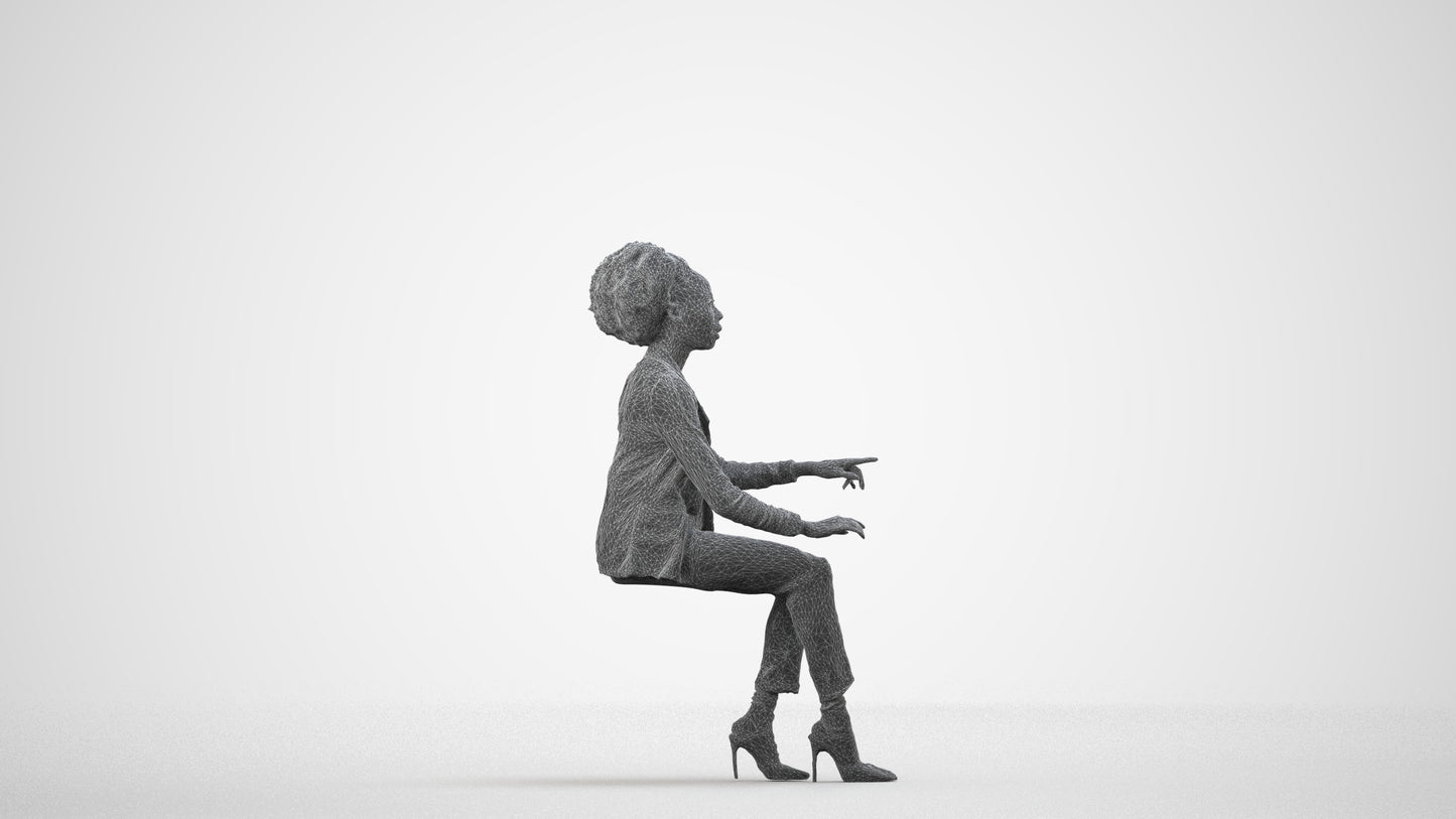 realistic 3D people woman business sitting, render-ready for V-Ray and Corona, FBX OBJ, wireframe side view