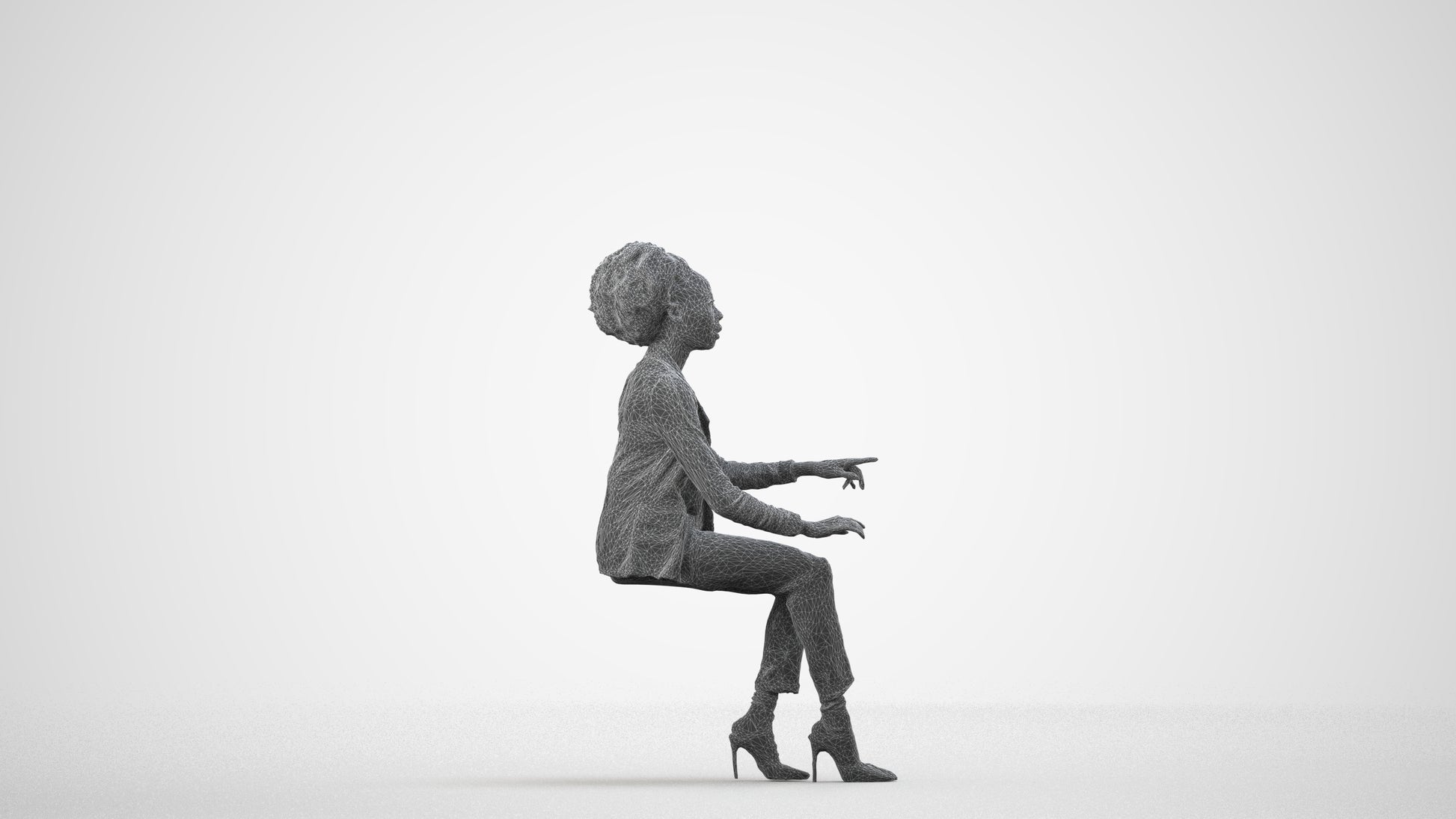 realistic 3D people woman business sitting, render-ready for V-Ray and Corona, FBX OBJ, wireframe side view