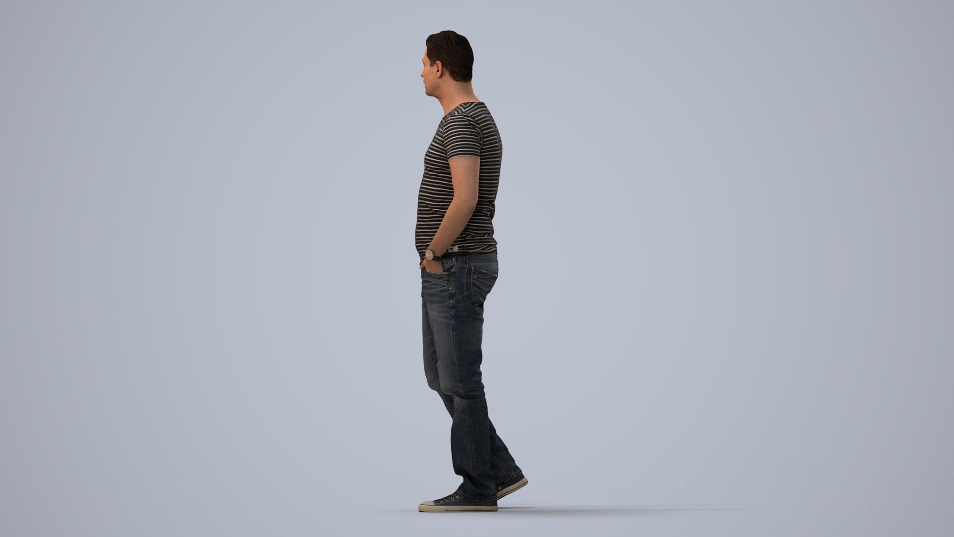 realistic 3D man casual standing, scanned archviz people for Blender and 3ds Max, three-quarter view render