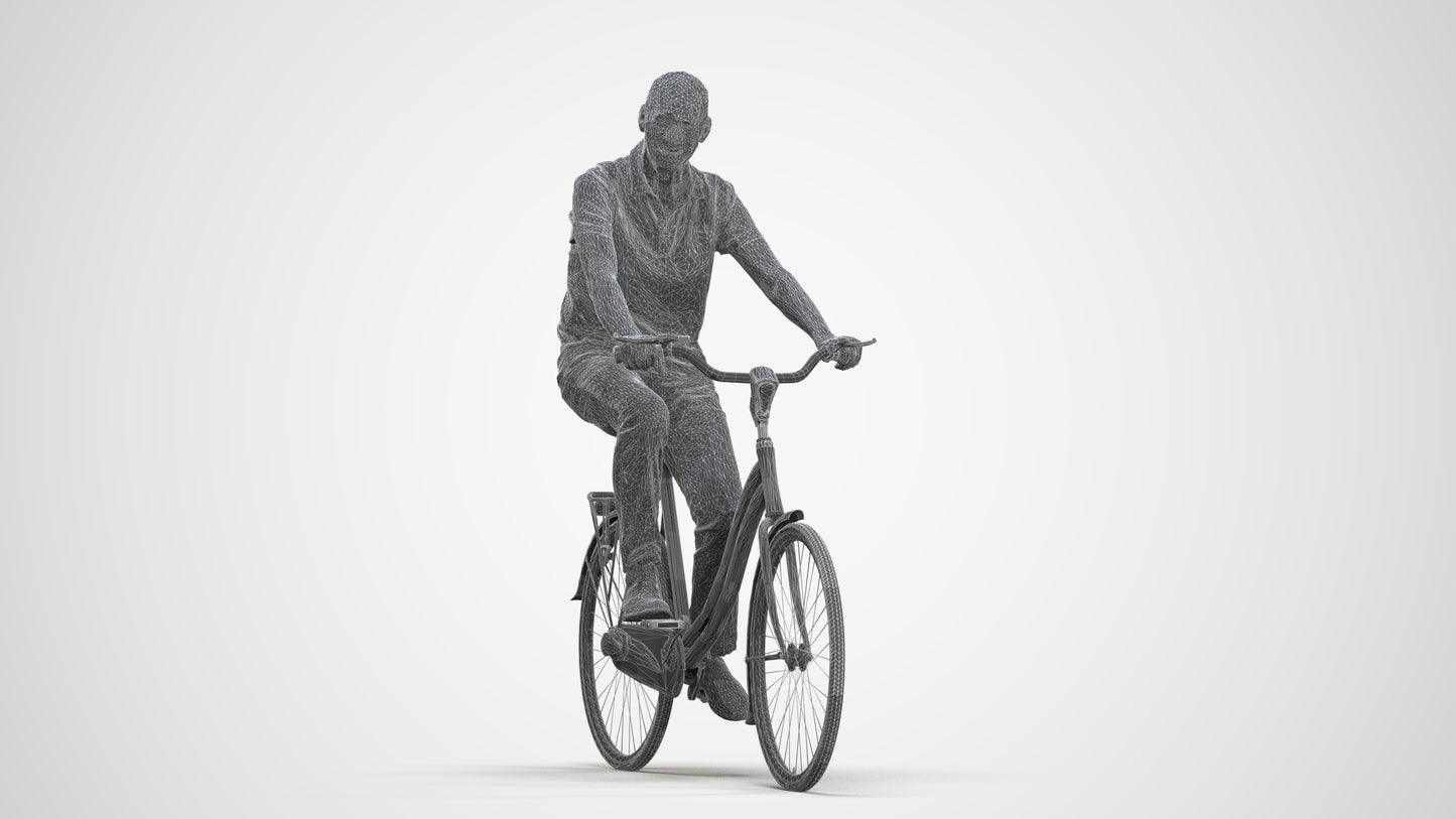 photogrammetry 3D senior man casual cycling, realistic human model archviz FBX, three-quarter front view render