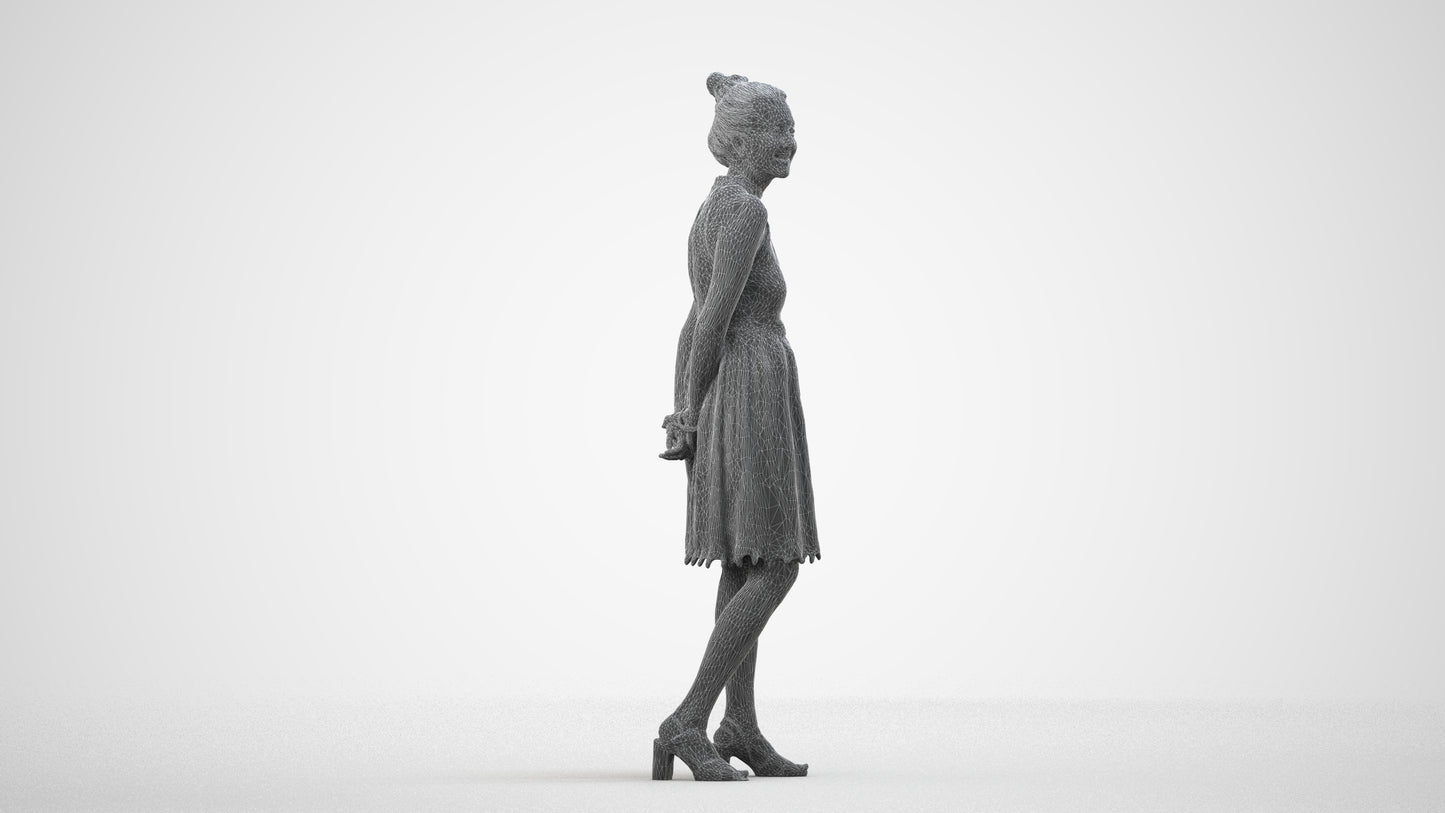 realistic 3D people woman formal standing, render-ready for V-Ray and Corona, FBX OBJ, wireframe side view