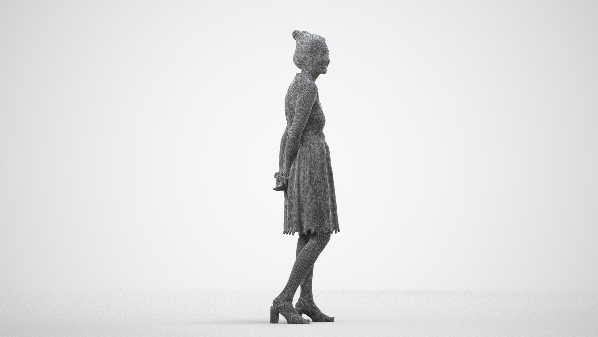 realistic 3D people woman formal standing, render-ready for V-Ray and Corona, FBX OBJ, wireframe side view