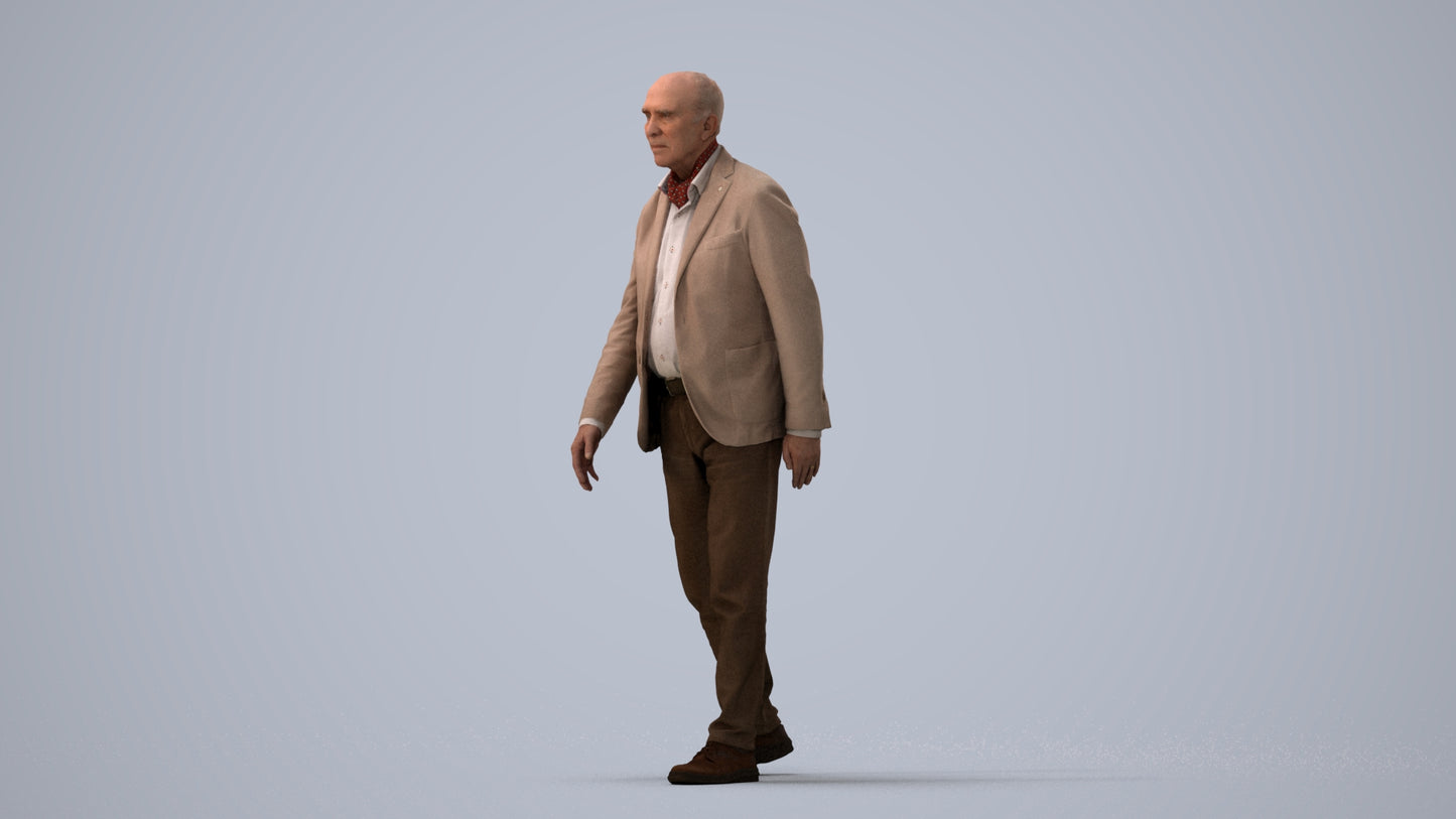 3D scanned senior man walking business, photorealistic archviz people for Enscape and SketchUp, three-quarter view render