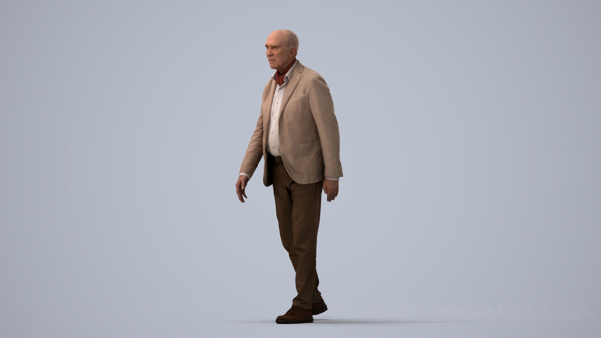 3D scanned senior man walking business, photorealistic archviz people for Enscape and SketchUp, three-quarter view render