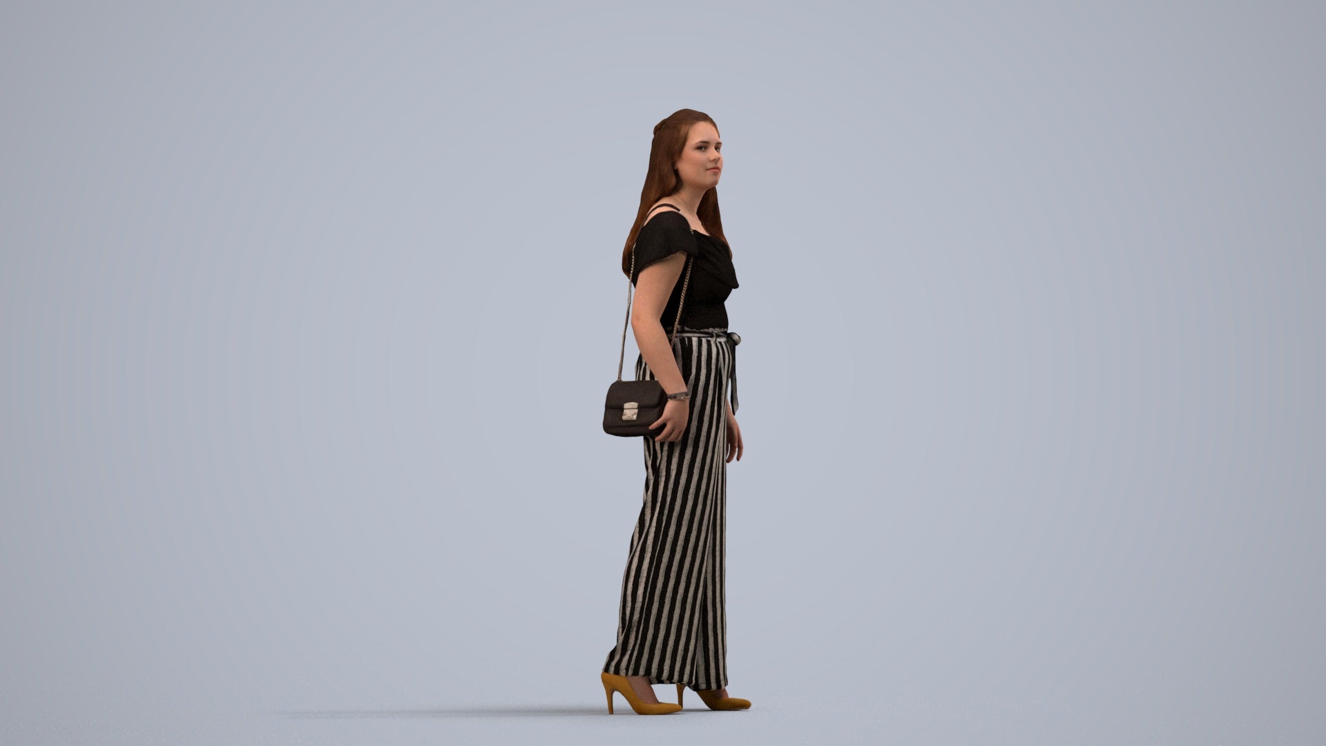 3D people model woman casual walking, scanned human for 3ds Max rendering, side view render