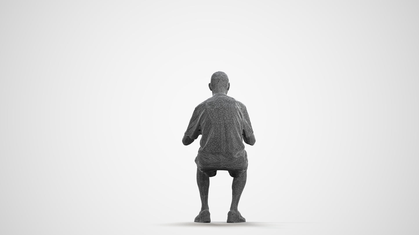 3D scanned senior man sitting casual, photorealistic archviz people for Enscape and SketchUp, wireframe front view