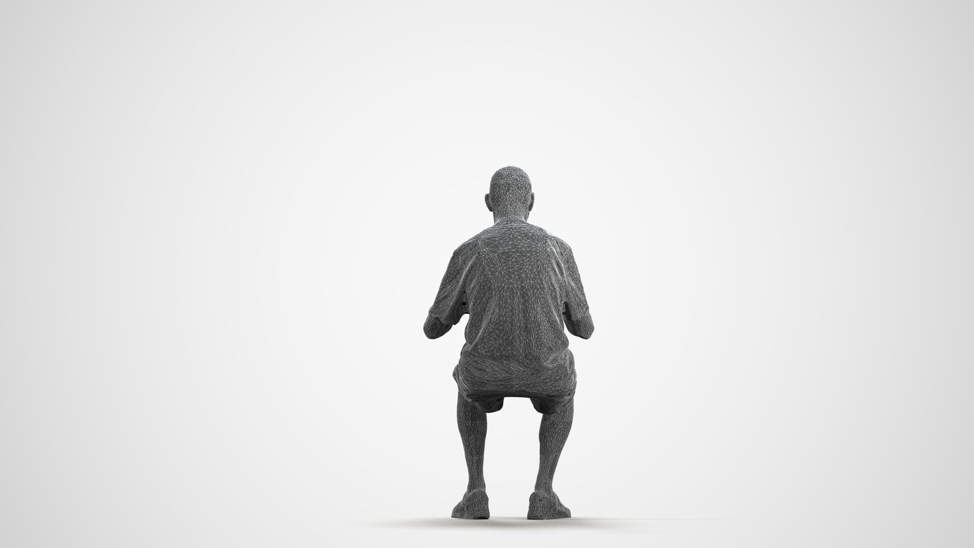 3D scanned senior man sitting casual, photorealistic archviz people for Enscape and SketchUp, wireframe front view