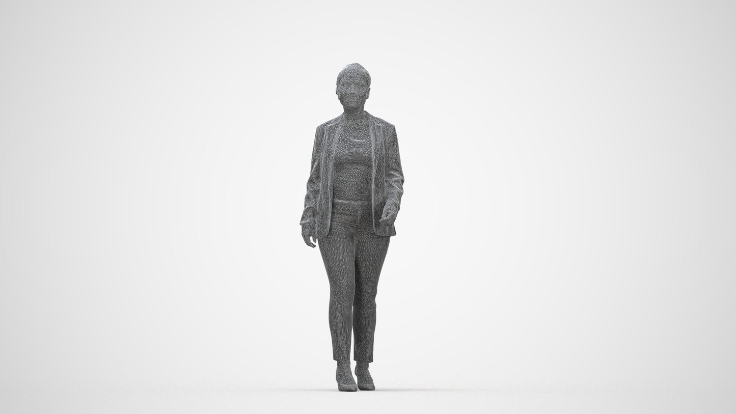 3D human model woman business walking, photogrammetry scanned person for archviz, wireframe back view