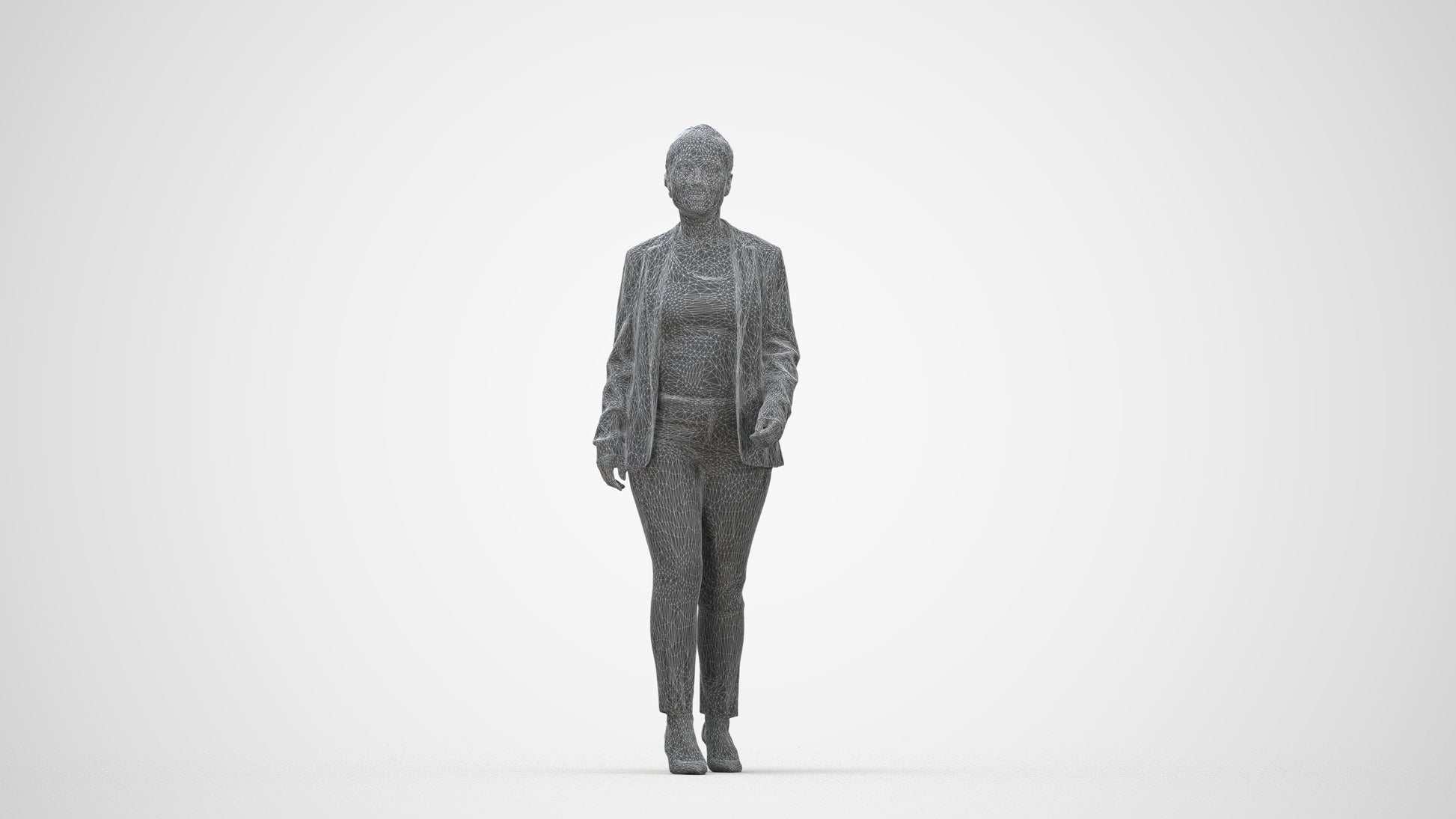 3D human model woman business walking, photogrammetry scanned person for archviz, wireframe back view