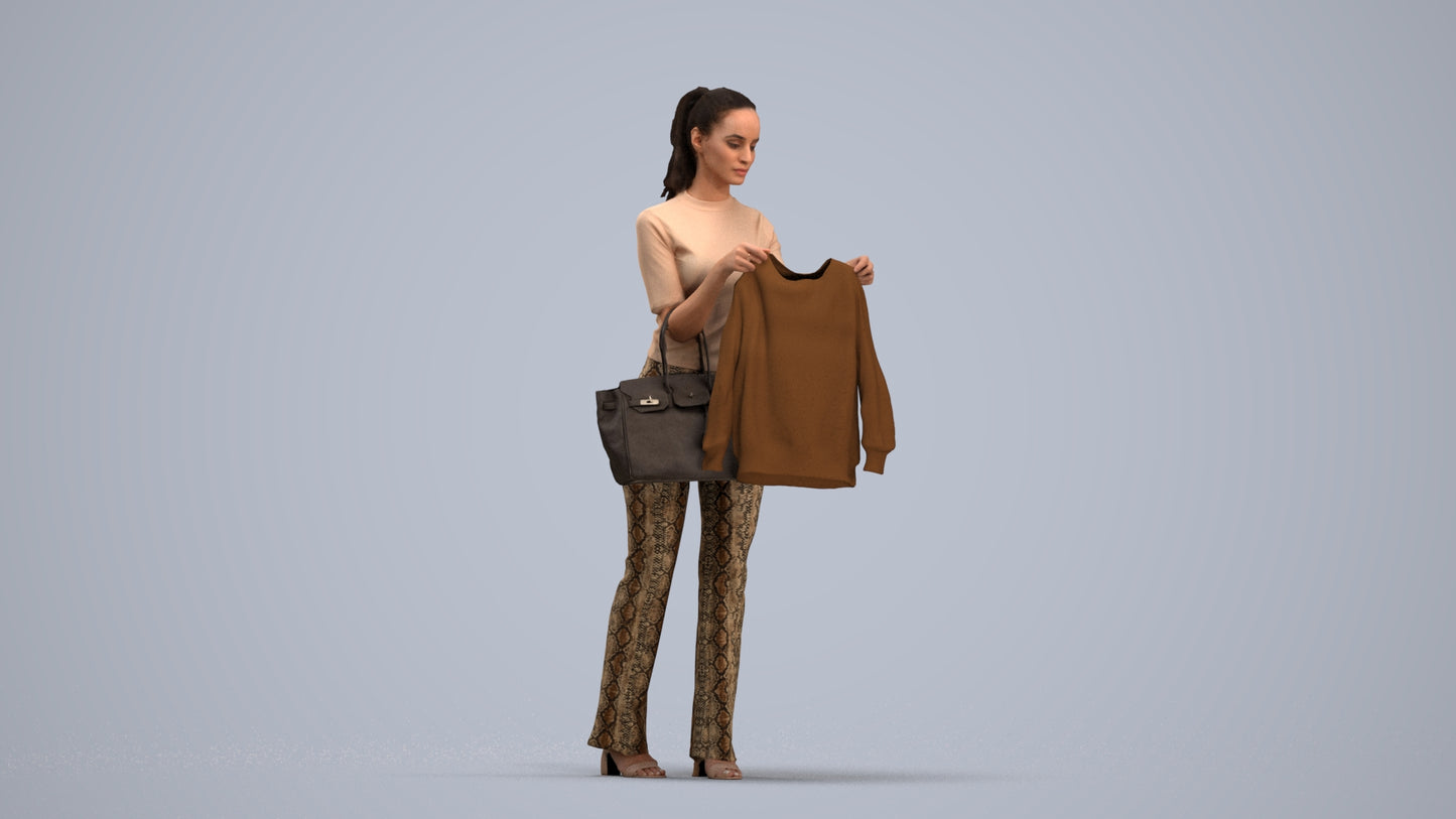 realistic 3D woman casual shopping, scanned archviz people for Blender and 3ds Max, standing pose render