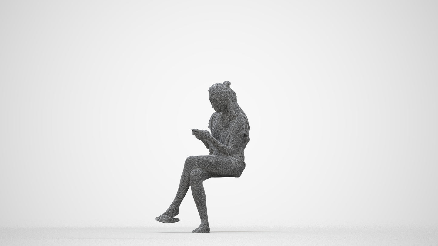 3D human model woman casual sitting, photogrammetry scanned person for archviz, wireframe back view