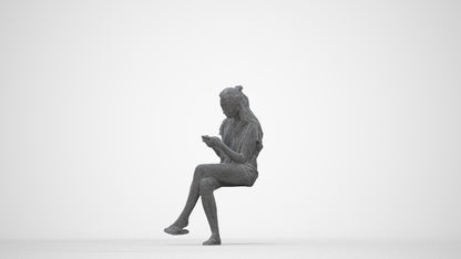 3D human model woman casual sitting, photogrammetry scanned person for archviz, wireframe back view
