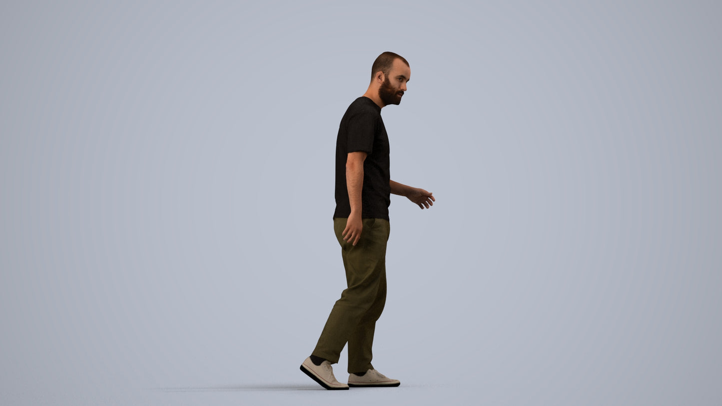 photogrammetry 3D man casual walking, realistic human model archviz FBX, side view render