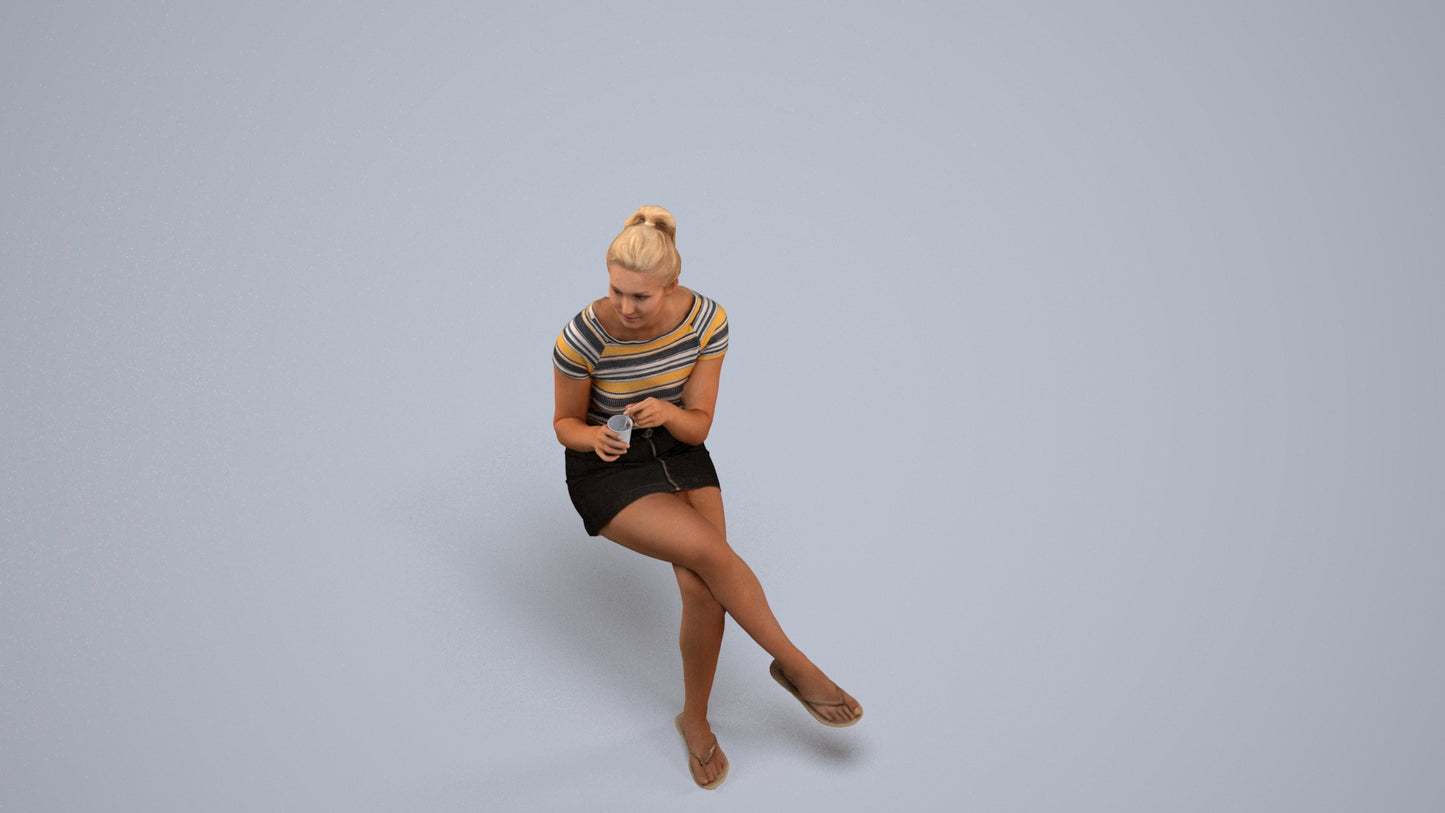 realistic 3D woman casual sitting, scanned archviz people for Blender and 3ds Max, back view render