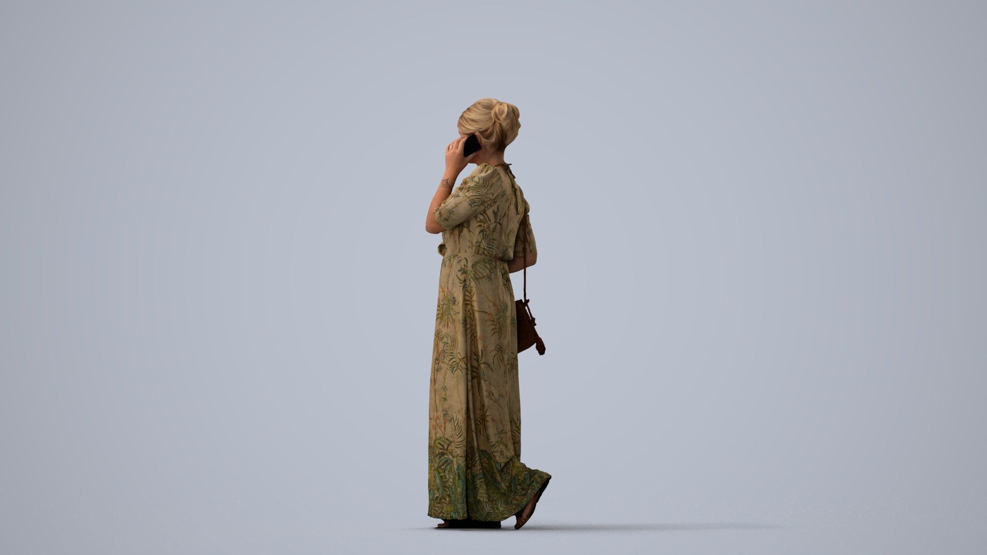 3D scanned woman standing casual, photorealistic archviz people for Enscape and SketchUp, three-quarter view render