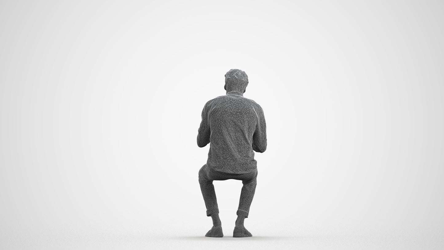 scanned 3D man casual sitting, photogrammetry people for Enscape and V-Ray, wireframe front view