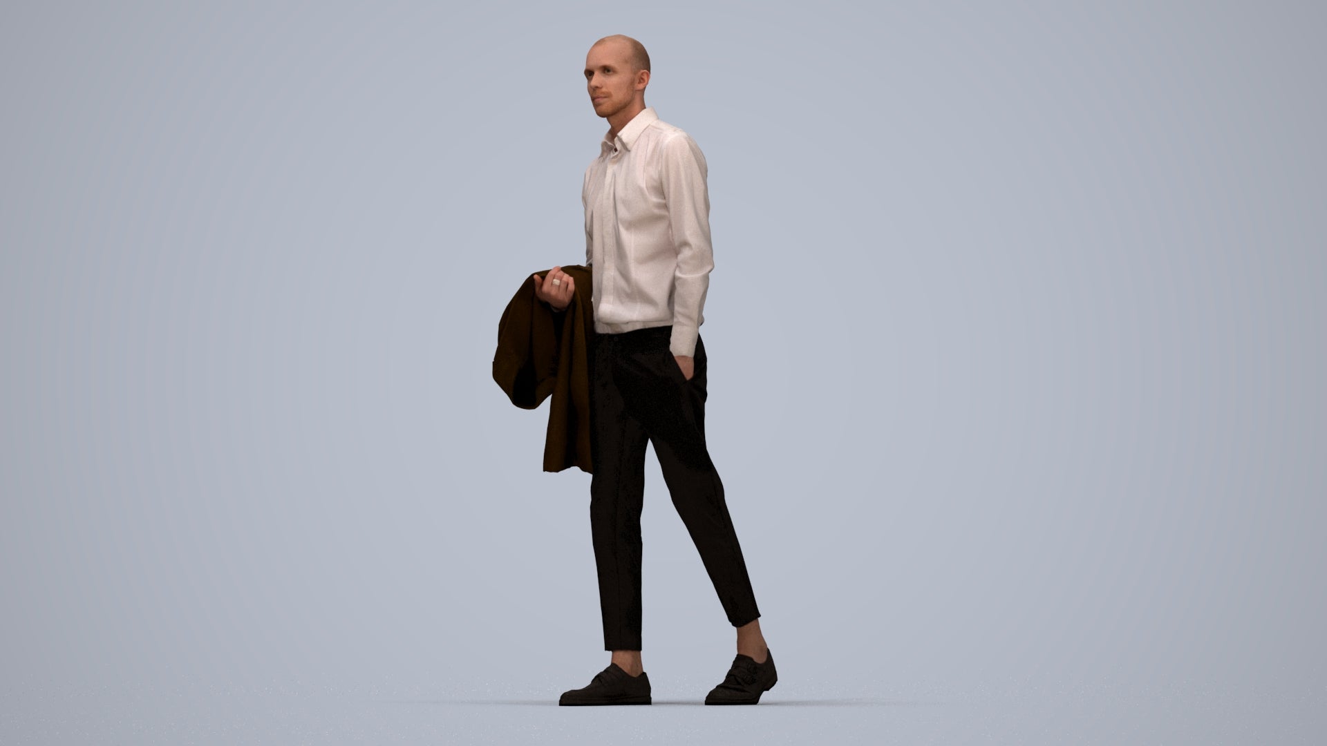 photogrammetry 3D man business walking, realistic human model archviz FBX, top-down view render