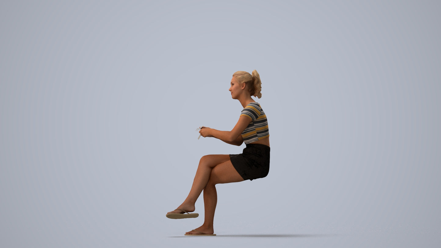 scanned 3D woman casual sitting, photogrammetry people for Enscape and V-Ray, three-quarter view render