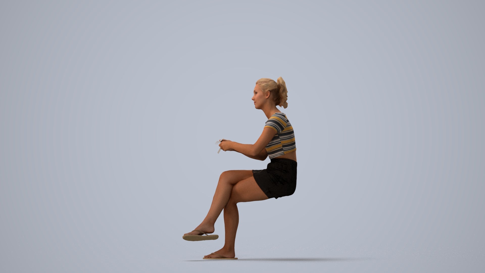 scanned 3D woman casual sitting, photogrammetry people for Enscape and V-Ray, three-quarter view render