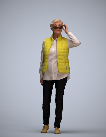 3D human model senior woman casual standing, photogrammetry scanned person for archviz