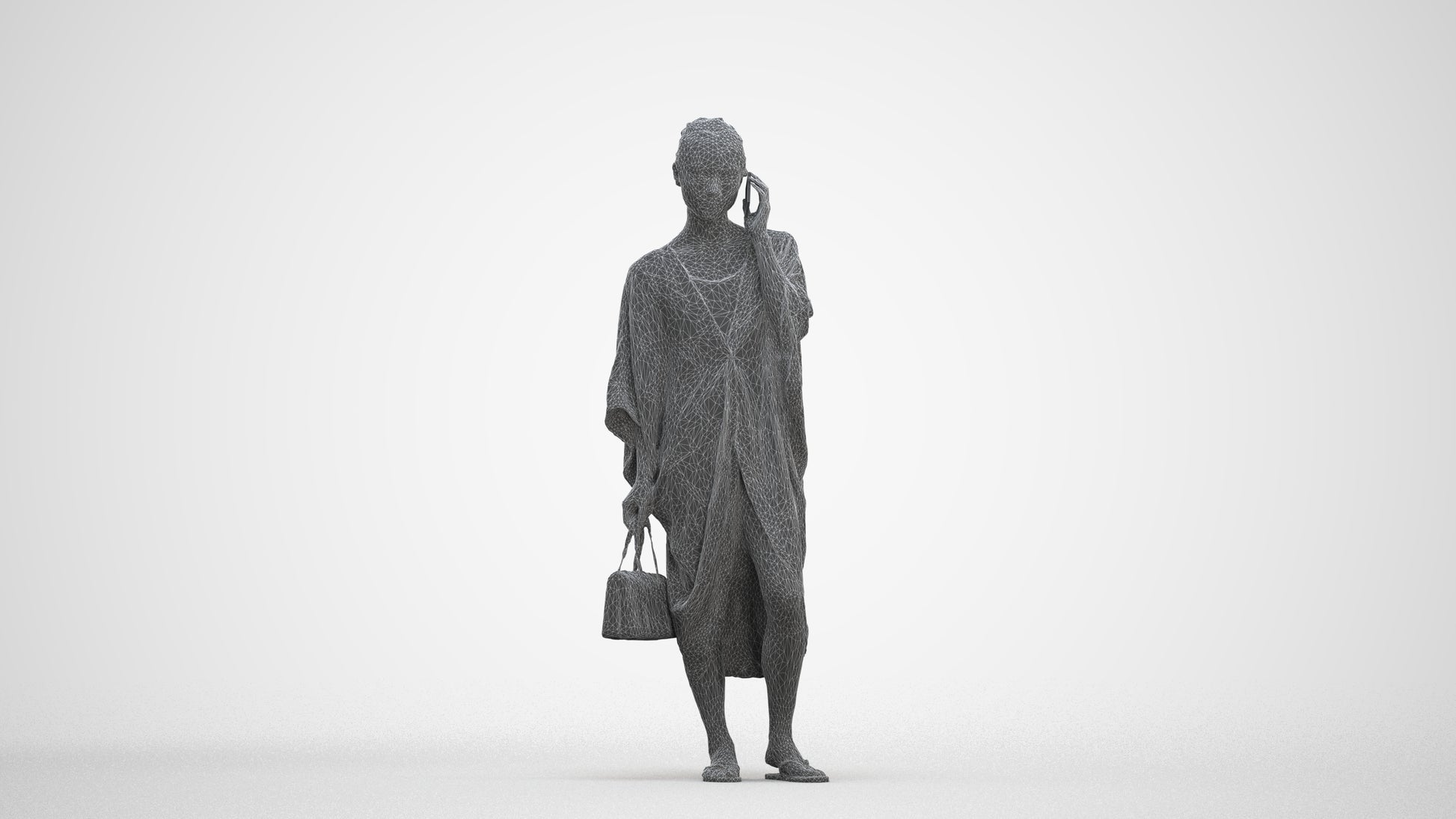 3D human model woman standing, photogrammetry scanned person for archviz, three-quarter front view render
