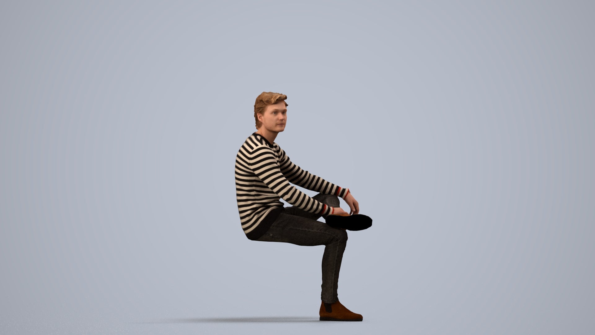 3D people model man casual sitting, scanned human for 3ds Max rendering, side view render
