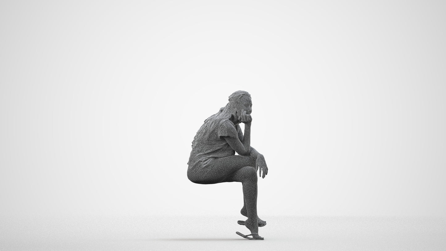 realistic 3D human woman casual sitting, archviz people FBX OBJ for Blender, wireframe side view